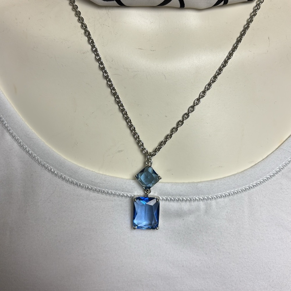 Carolee New York Silver Tone Double Drop Blue Rhinestone Pendant